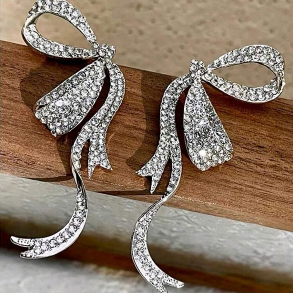 Silver Rhinestone Bow Drop Earrings - Picture 3 of 4